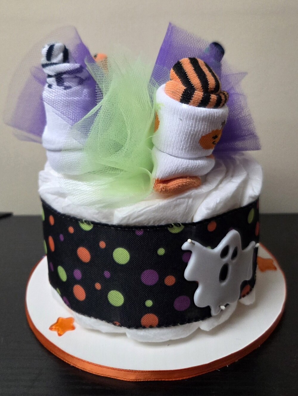 Halloween Baby Diaper Cake Centerpiece with Purple & Green Accents